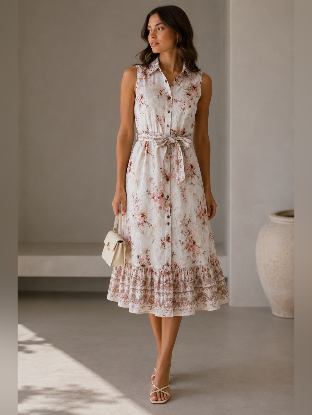 Elie Tahari Romantic Floral Linen Blend Midi Shirt Dress Pink Beige Size 6